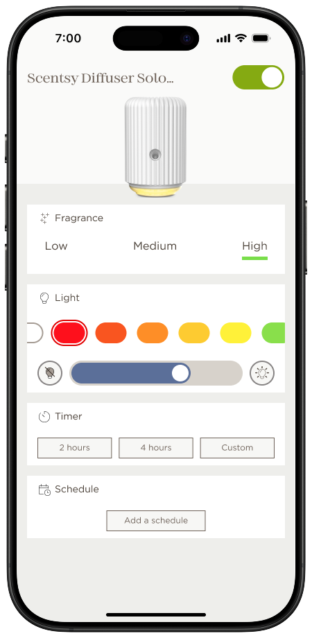 Scentsy Home App: device control screen for the Scentsy Diffuser Solo