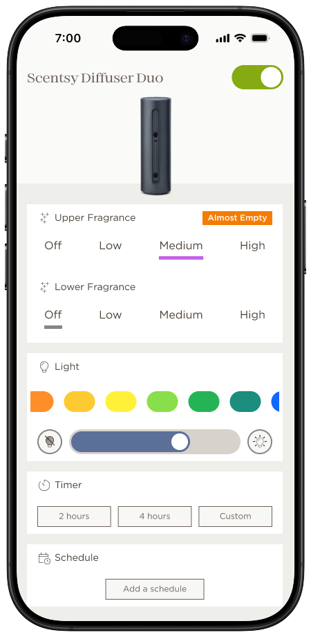 Scentsy Home App: onboarding and control screens